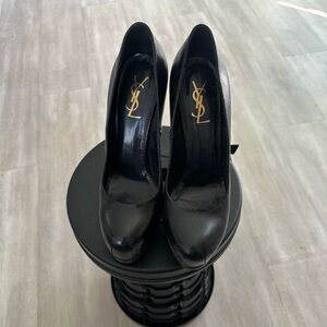 YSL YVES SAINT LAURENT WOMEN'S BLACK PATENT LEATHER TRIBTOO 80 PLATFORM PUMP